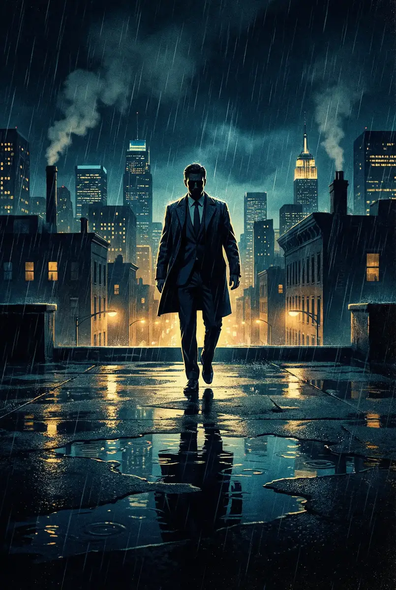 免费正能量网站大全 出品影片《雨夜独行者》海报，雨中城市屋顶男性剪影